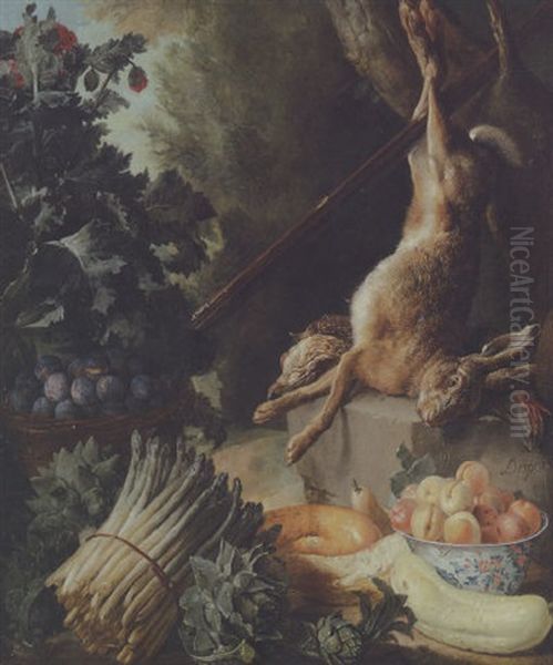 A Hunting Still Life With A Dead Hare And Game Birds On A Stone Plinth With Various Vegetables, A Pear, A Basket Of Plums And A Bowl Of Peaches Oil Painting by Alexandre-Francois Desportes