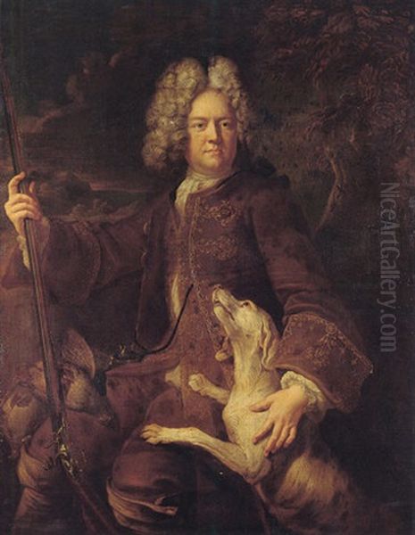 Portrait Of A Huntsman Holding A Rifle With His Hound By His Side Oil Painting by Alexandre-Francois Desportes