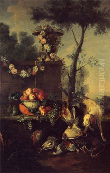 Buffet Garni De Fleurs Et Fruits, Au Chien Et Aux Trophees De Chasse Oil Painting by Alexandre-Francois Desportes