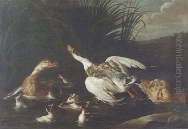 A Hunting Dog Chasing Waterfowl Oil Painting by Alexandre-Francois Desportes