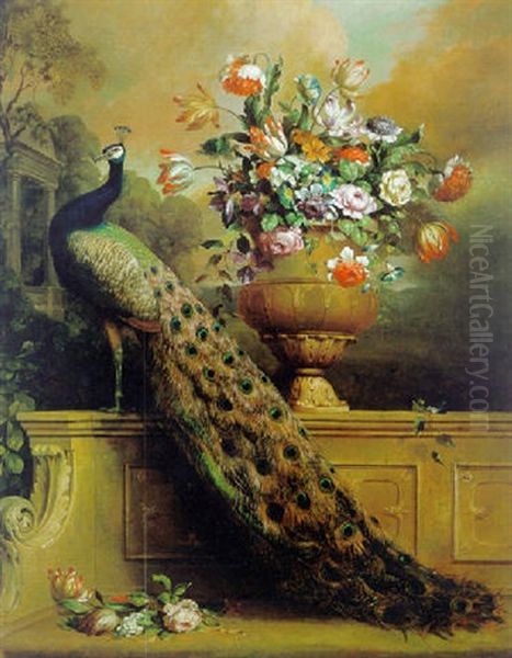 Ein Pfau Und Ein Blumenstraus In Einer Vase Auf Einer Steinernen Bank In Einem Schlospark Oil Painting by Alexandre-Francois Desportes