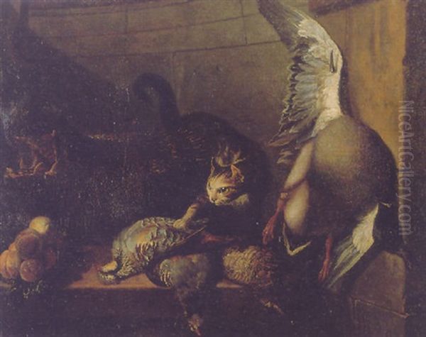 A Still Life Of A Cat Amid Dead Game Within An Alcove Oil Painting by Alexandre-Francois Desportes