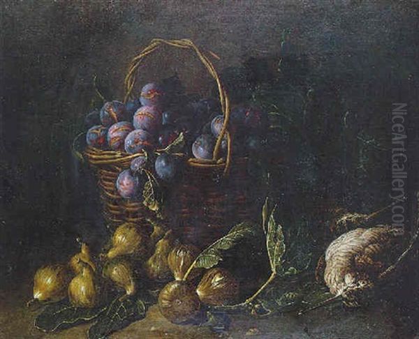 Nature Morte Au Panier De Prunes, Figues Et Becasse Oil Painting by Alexandre-Francois Desportes