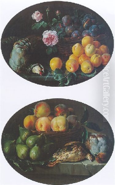 Nature Morte Au Panier De Quetsches Et Perdrix Sur Un Entablement Oil Painting by Alexandre-Francois Desportes