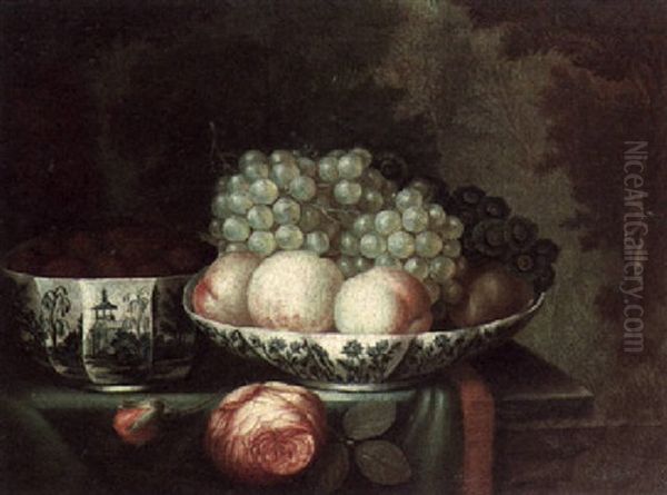 A Still Life Of Roses, Grapes, Peaches And Other Fruit On Chinese Blue And White Tableware, All Upon A Draped Stone Ledge Oil Painting by Alexandre-Francois Desportes