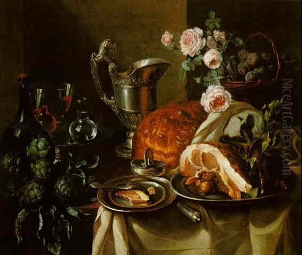 Still Life Of A Ham On A Pewter Plate, Artichokes, Wine Botte, Silver Jug.......all On A Table Draped With White Cloth Oil Painting by Alexandre-Francois Desportes
