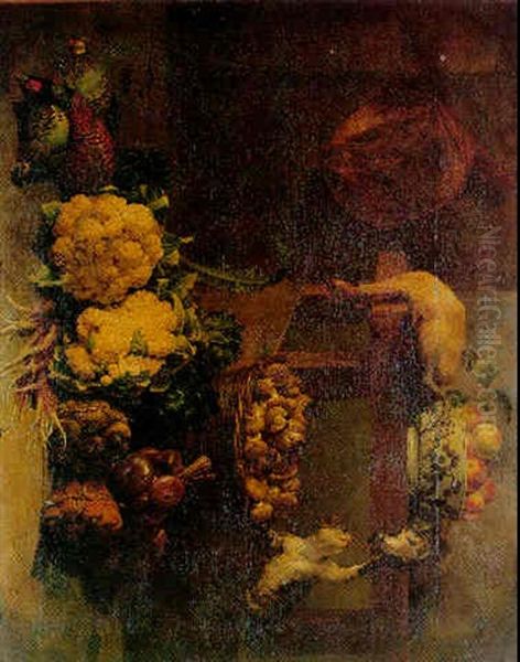 Nature Morte Au Gibier Et Legumes Avec Un Chat Attrapant Un Pigeon Oil Painting by Alexandre-Francois Desportes