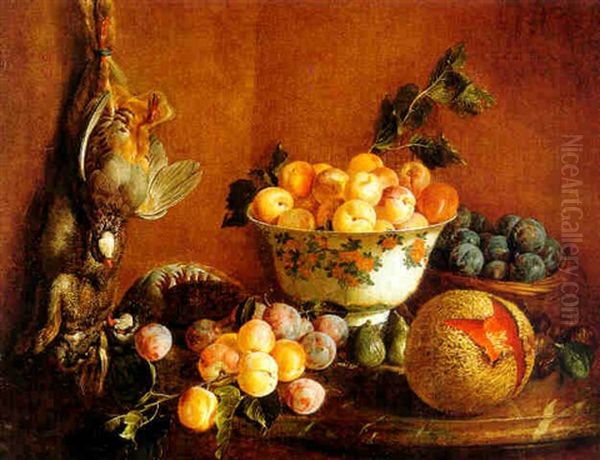 Still Life With Fruits Plums In A Basket, Preaches In A Bowl, Figs And A Melon On A Marble Table With Game Hanging To The Right Oil Painting by Alexandre-Francois Desportes