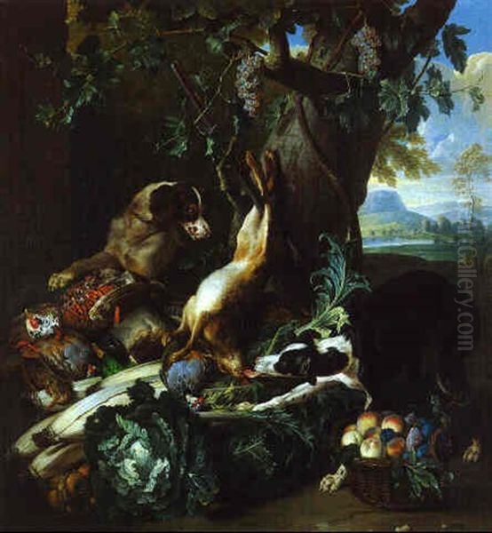 Nature Morte De Gibiers, Legumes, Fruits Et Deux Chiens Sur Fond De Paysage Oil Painting by Alexandre-Francois Desportes