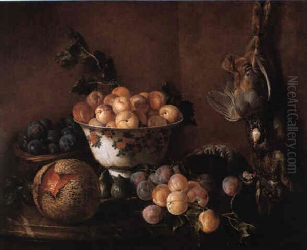Still Life With Plums, Peaches, Figs, A Melon, And Hanging Game Oil Painting by Alexandre-Francois Desportes
