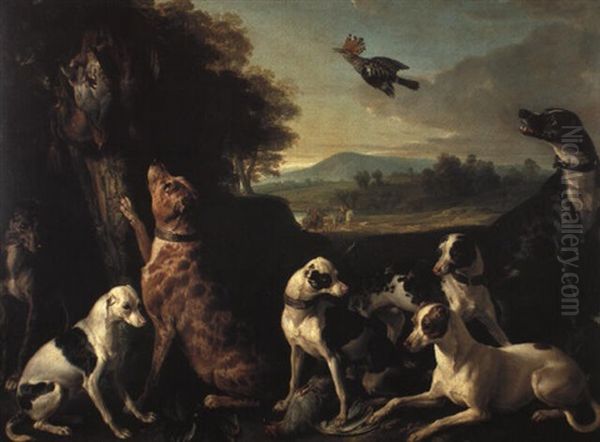 Hounds With Game In A Landscape, A Hoopoe Flying Overhead Oil Painting by Alexandre-Francois Desportes