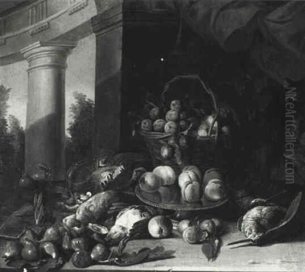 Still Life With Fruit And Game On A Table Before A Stone Wall Oil Painting by Alexandre-Francois Desportes