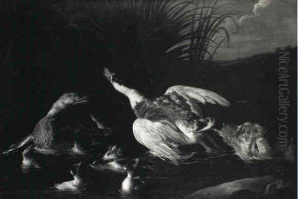 A Hunting Dog Pursuing Water Fowl In A Stream Oil Painting by Alexandre-Francois Desportes