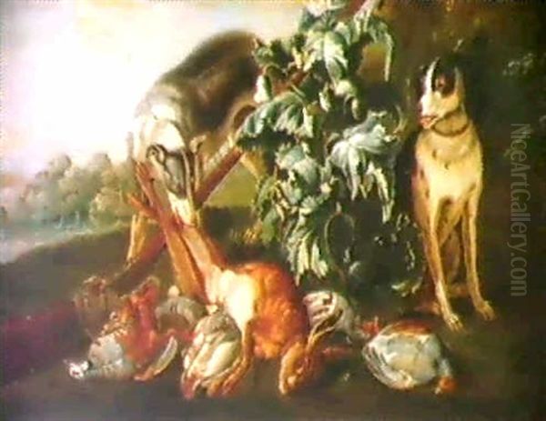 Paysage, Avec A L'avant Plan, Une Nature Morte De Gibier Et Deux Chiens Oil Painting by Alexandre-Francois Desportes