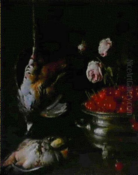 Nature Morte Aux Perdrix Avec Cerises Et Roses Oil Painting by Alexandre-Francois Desportes