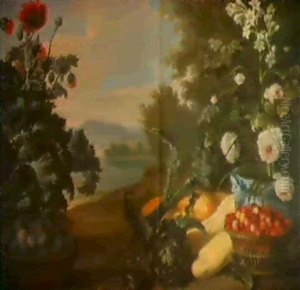 Corbeille De Fraises, Panier De Prunes, Branche De Pavot Et Rosiers En Fleurs Devant Un Paysage Oil Painting by Alexandre-Francois Desportes