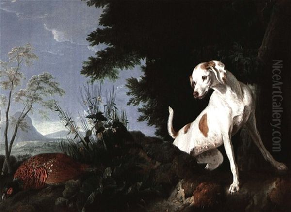 A Black And White Hunting Dog Spotting Two Gray Patridges & A Brown & White Hunting Dog Menacing A Ring-necked Pheasant Oil Painting by Alexandre-Francois Desportes