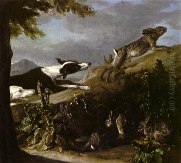 Hunting Dogs Chasing A Hare Uphill, Other Hares Hiding In   Foliage Below Oil Painting by Alexandre-Francois Desportes