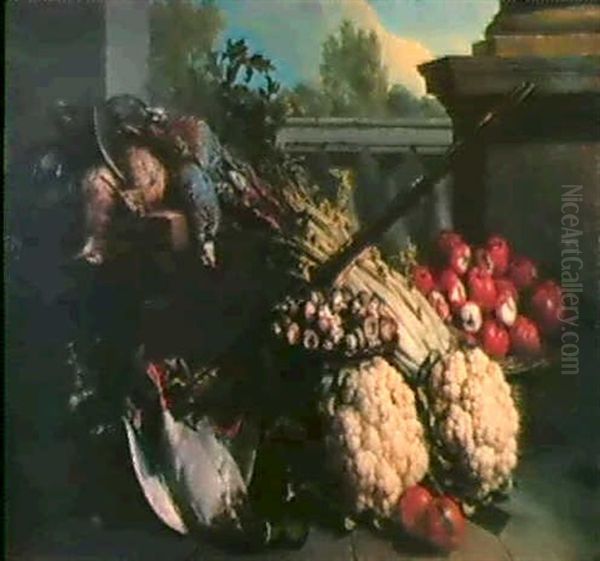 Nature Morte Avec Un Panier De Pommes, Un Panier De         Champignons, Une Botte De Celeri Oil Painting by Alexandre-Francois Desportes