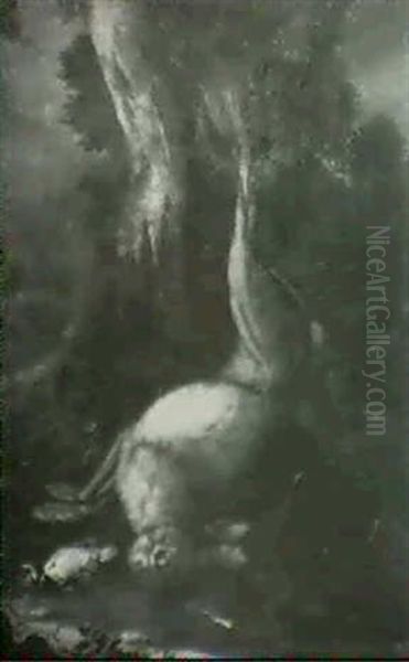 A Still Life Of A Hare, Pheasant And Netted Trap In A       Wooded Landscape Oil Painting by Alexandre-Francois Desportes