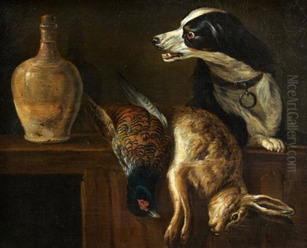 Epagneul Gardant Un Lievre Et Un Faisan (+ Chat Volant Une Perdrix Pres D'un Col-vert; Pair) Oil Painting by Claude Francois Desportes