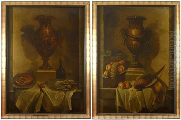 Coupe De Fruits Et Trophee De Chasse Sur Un Entablement Devant Un Vase Medicis Et Tourte, Plat D'huitres, Bouteille Et Verre De Vin Sur Un Entablement Devant Un Vase Medicis (2 Works) Oil Painting by Claude Francois Desportes
