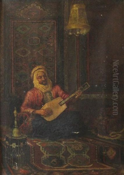 Oriental Gentleman Playing A String Instrument Oil Painting by Louis Paul Dessar