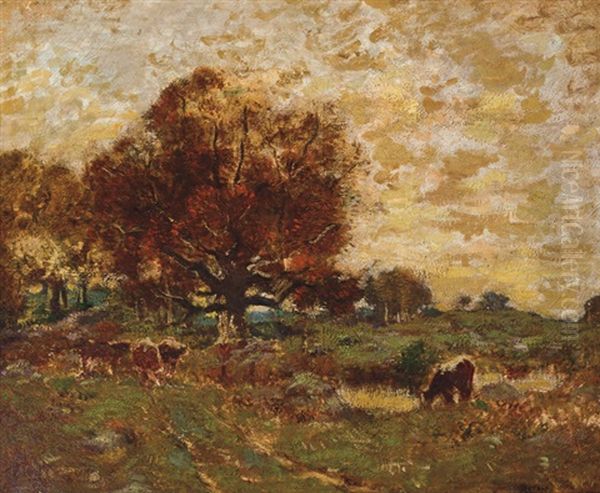 Cattle In An Autumn Landscape Oil Painting by Louis Paul Dessar