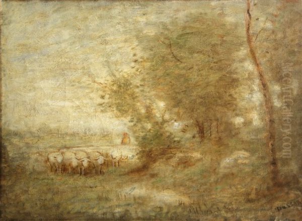A Shepherd With His Flock Oil Painting by Louis Paul Dessar