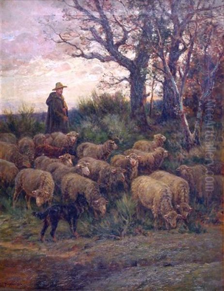 Schafer Mit Seiner Herde Oil Painting by James Desvarreux-Larpenteur
