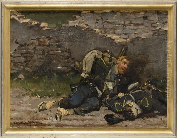 Voltigeur Cache Derriere Un Muret, Au Cote De Son Camarade Mort (fragment De Panorama De Rezonville) Oil Painting by Edouard Jean Baptiste Detaille