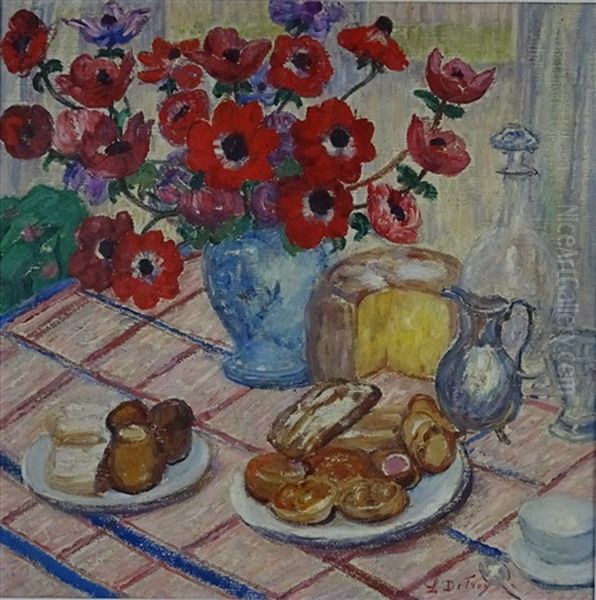Nature Morte Aux Anemones, Brioche Et Verseuse Oil Painting by Leon Detroy