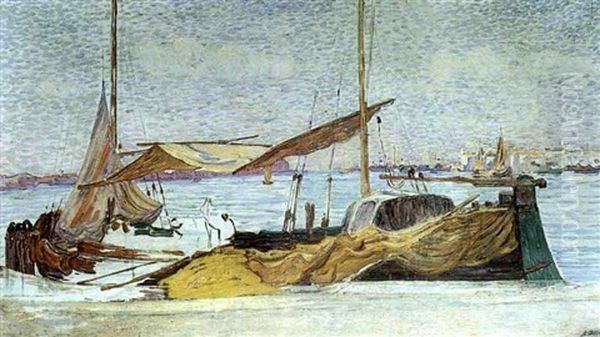 Venise, Bateaux A Quai Oil Painting by Leon Detroy