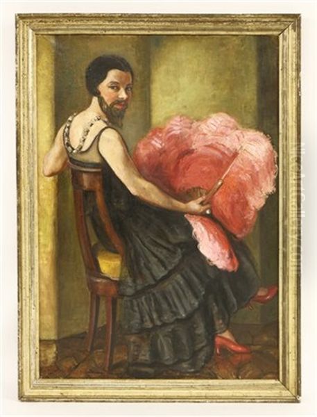 A Bearded Lady Holding An Ostrich Feather Oil Painting by Helene Detroyat