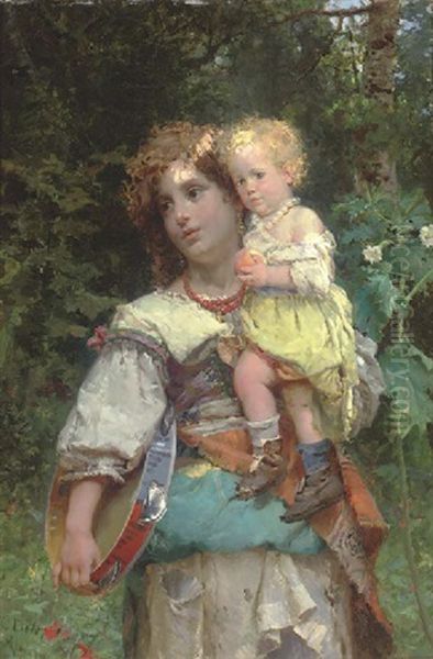 A Tambourine Girl And Her Child In A Woodland Glade Oil Painting by Cesare Auguste Detti