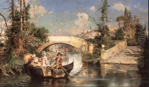 Elegant Company In A Boat Oil Painting by Cesare Auguste Detti