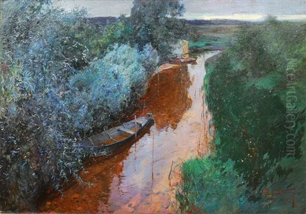 Boats On A Creek Oil Painting by Ludwig Dettmann