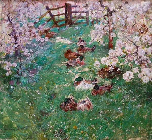 Ducks In The Orchard Oil Painting by Ludwig Dettmann