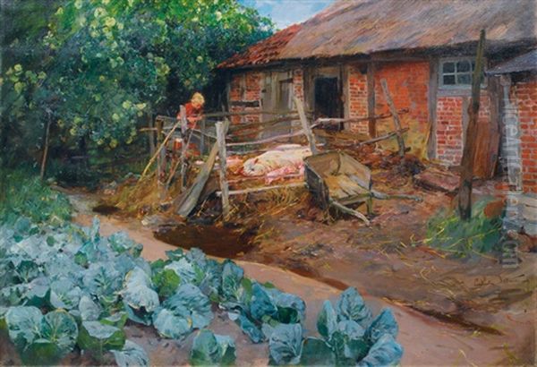 Piggery Oil Painting by Ludwig Dettmann