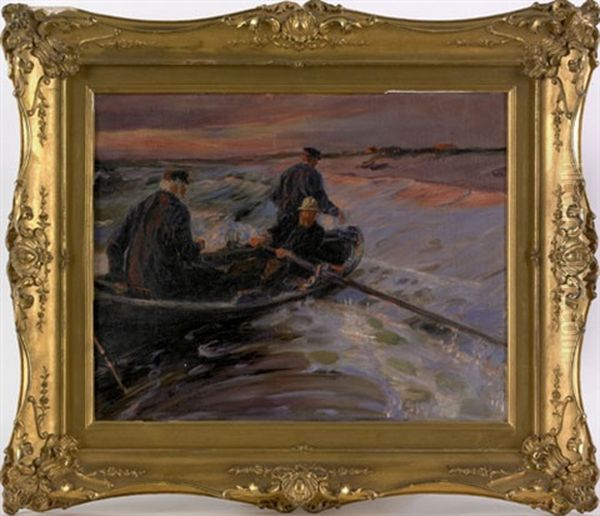 Of Three Men Landing A Row Boat Oil Painting by Ludwig Dettmann