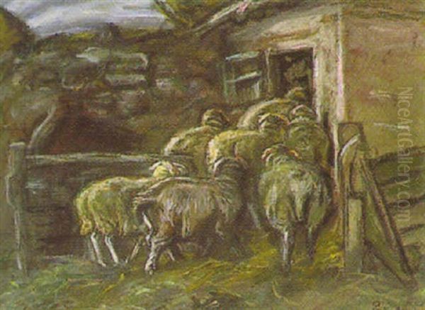 Schafe In Den Stall Gehend Oil Painting by Ludwig Dettmann
