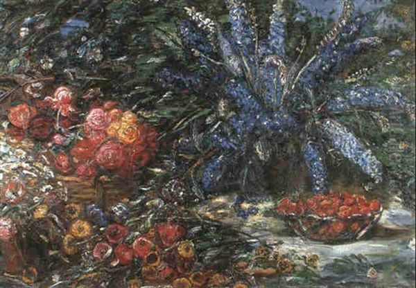 Blumenstilleben (stilleben Mit Rittersporn, Gebundelten     Rosen, Zinnien U. Einer Schale Mit Erdbeeren) Oil Painting by Ludwig Dettmann