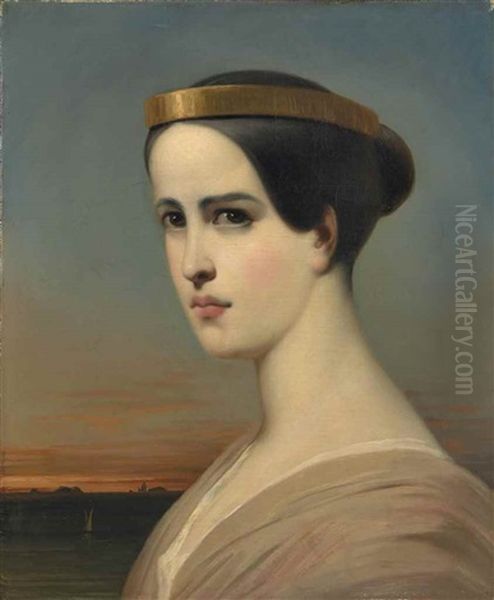 Portrait D'elisabeth Felix (1821-1858), Dite Mlle Rachel, Dans Le Role D'hermione Oil Painting by Achille-Jacques-Jean-Marie Deveria