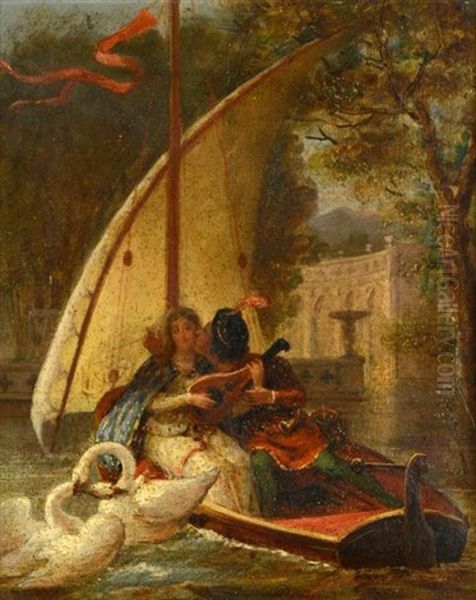 Scene Galante A La Barque Et Aux Cygnes Oil Painting by Achille-Jacques-Jean-Marie Deveria