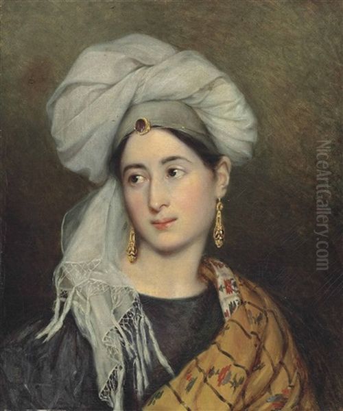 Portrait Of A Woman In Oriental Dress Oil Painting by Achille-Jacques-Jean-Marie Deveria
