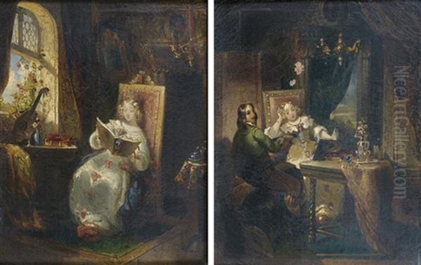 La Lecture Et La Conversation (pair) Oil Painting by Achille-Jacques-Jean-Marie Deveria