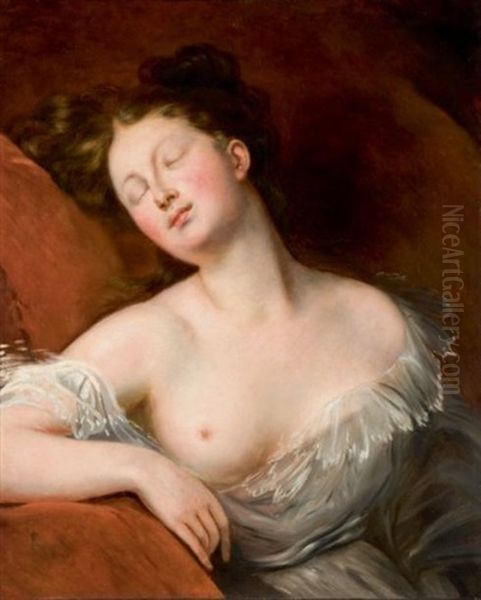 Jeune Femme Assoupie Oil Painting by Achille-Jacques-Jean-Marie Deveria