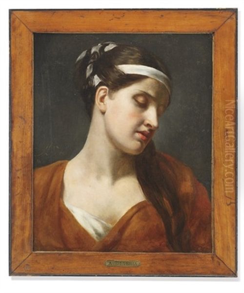 Portrait Of A Young Woman In A Brown Wrap, A White Ribbon Through Her Hair Oil Painting by Achille-Jacques-Jean-Marie Deveria