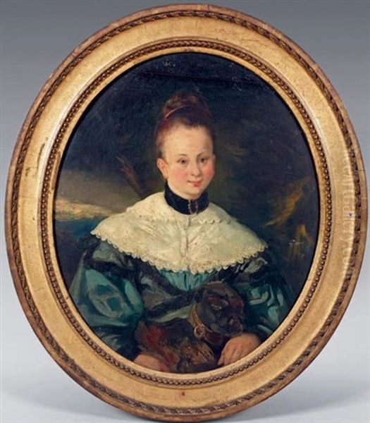 Portrait De Jeune Fille Oil Painting by Eugene Francois Marie Joseph Deveria