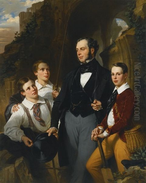 Portrait Of Laurence Davidson And His Three Sons, Three-quarter Length, Standing By Ruins, His Sons Seated Around Him, One Holding A Fishing Rod, The Other Holding A Cricket Bat Oil Painting by Eugene Francois Marie Joseph Deveria
